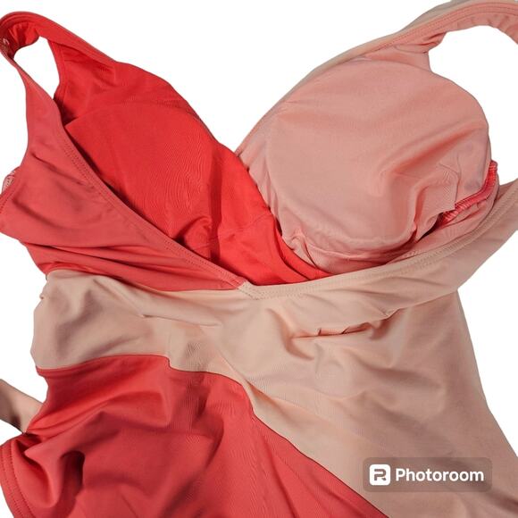 Vince Camuto Surplice Wrap Tie One Piece Swimsuit Women's 14 Coral Colorblock - Picture 6 of 13